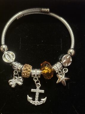 Silver Anchor Charm Bracelet with Amber Beads